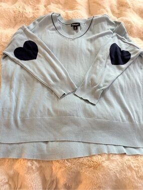 Studio park Light Blue V-Neck Sweater with Navy Heart Elbow Patches